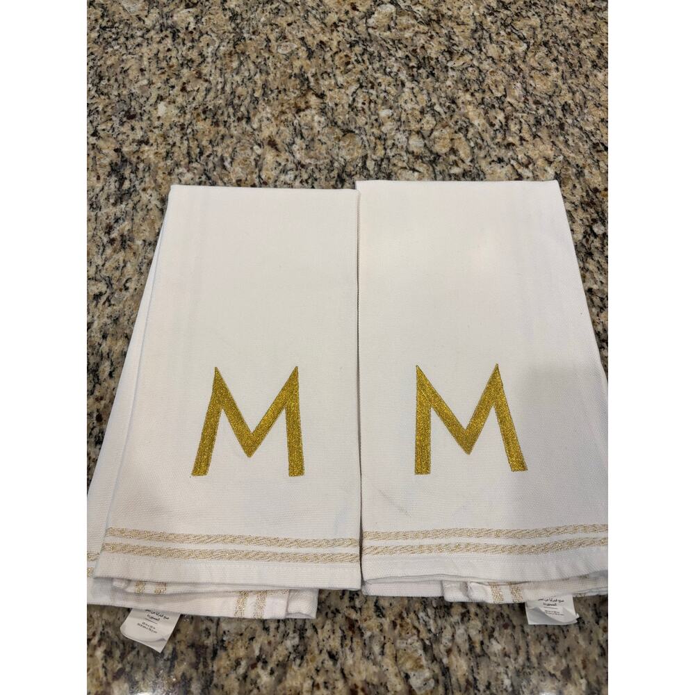Williams Sonoma Gold Letter Monogrammed “M” Kitchen Towels Set/2 White
